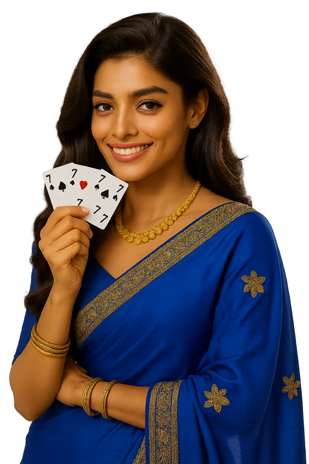 RAJA777 Gaming - Woman in blue saree with playing cards
